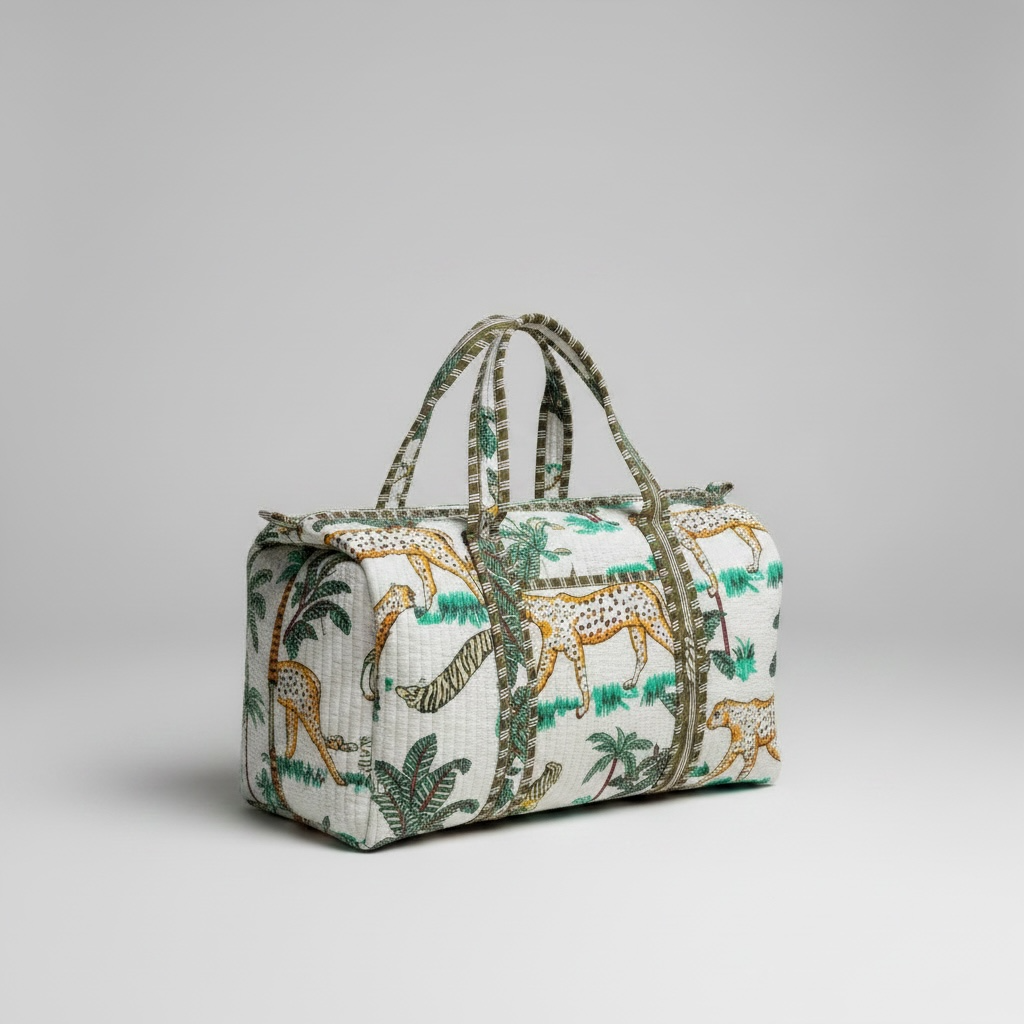 Handmade Quilted Indian Block Print Duffel Bag | Cotton Weekender Travel Bag | Safari Print