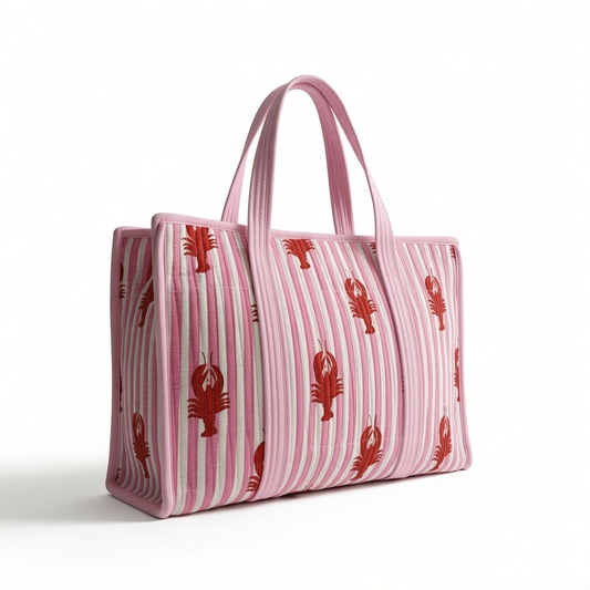 Pink Lobster Quilted Tote Bag | Striped Block-Print Carryall -- 16*18 inches