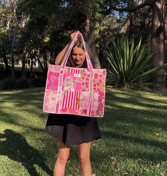 PRE ORDER NOW - Pink Patchwork Compartment Tote Bag