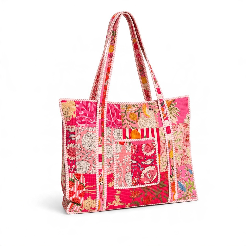 Pink Patchwork Compartment Tote Bag | 100% Cotton Quilted Tote