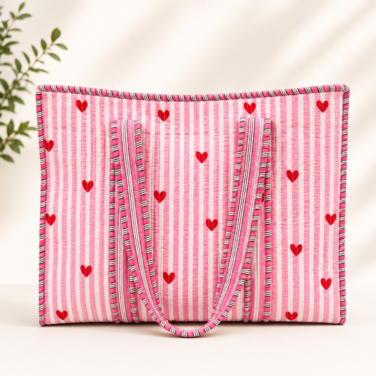 Sweetheart Handmade Quilted Tote Bag | Pink Heart Cotton Shopper Bag | Everyday Tote