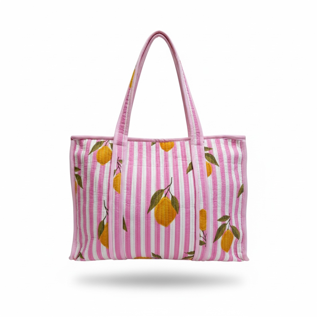 Pink Lemon Quilted Tote Bag | Striped Carryall – 16 × 18 Inches