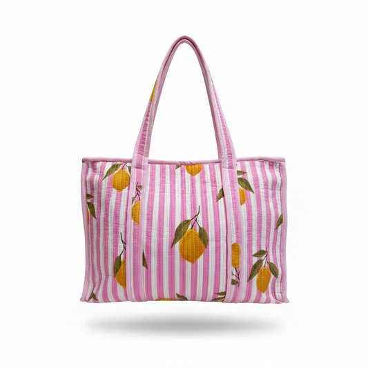 Pink Lemon Quilted Tote Bag | Striped Carryall – 16 × 18 Inches