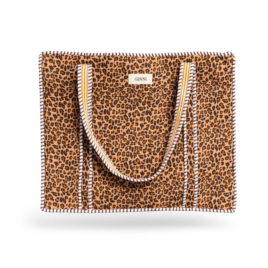 Leopard Print Compartment Tote Bag | 100% Cotton Quilted Tote