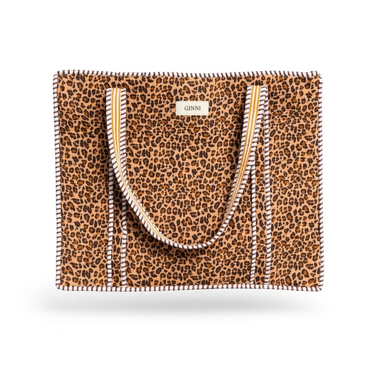 Leopard Print Compartment Tote Bag | 100% Cotton Quilted Tote