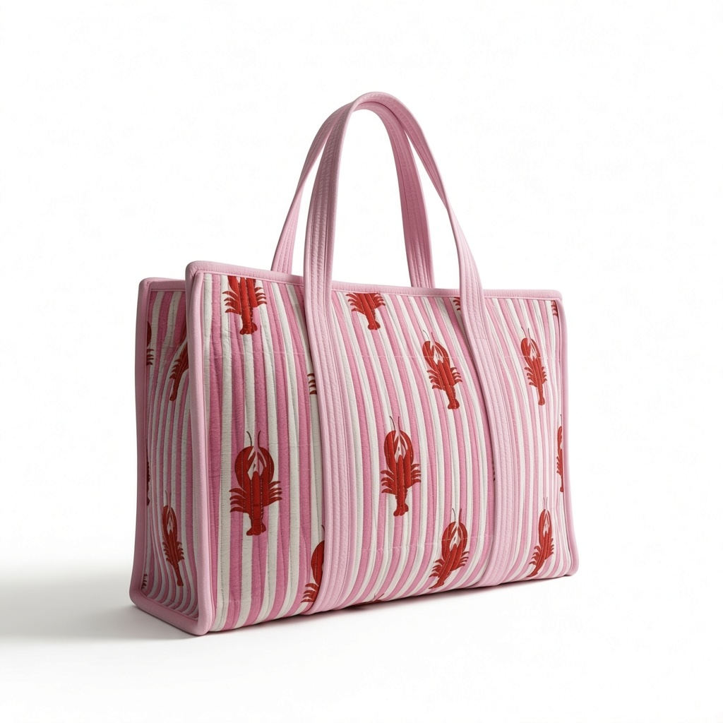 Pink Lobster Quilted Tote Bag | Striped Block-Print Carryall -- 16*18 inches