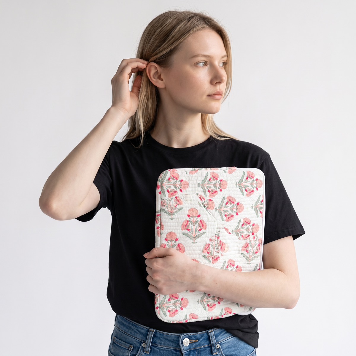 Blush Bloom Quilted Laptop Sleeve | Handmade Floral Cotton Laptop Case | 15 Inch Laptop Cover