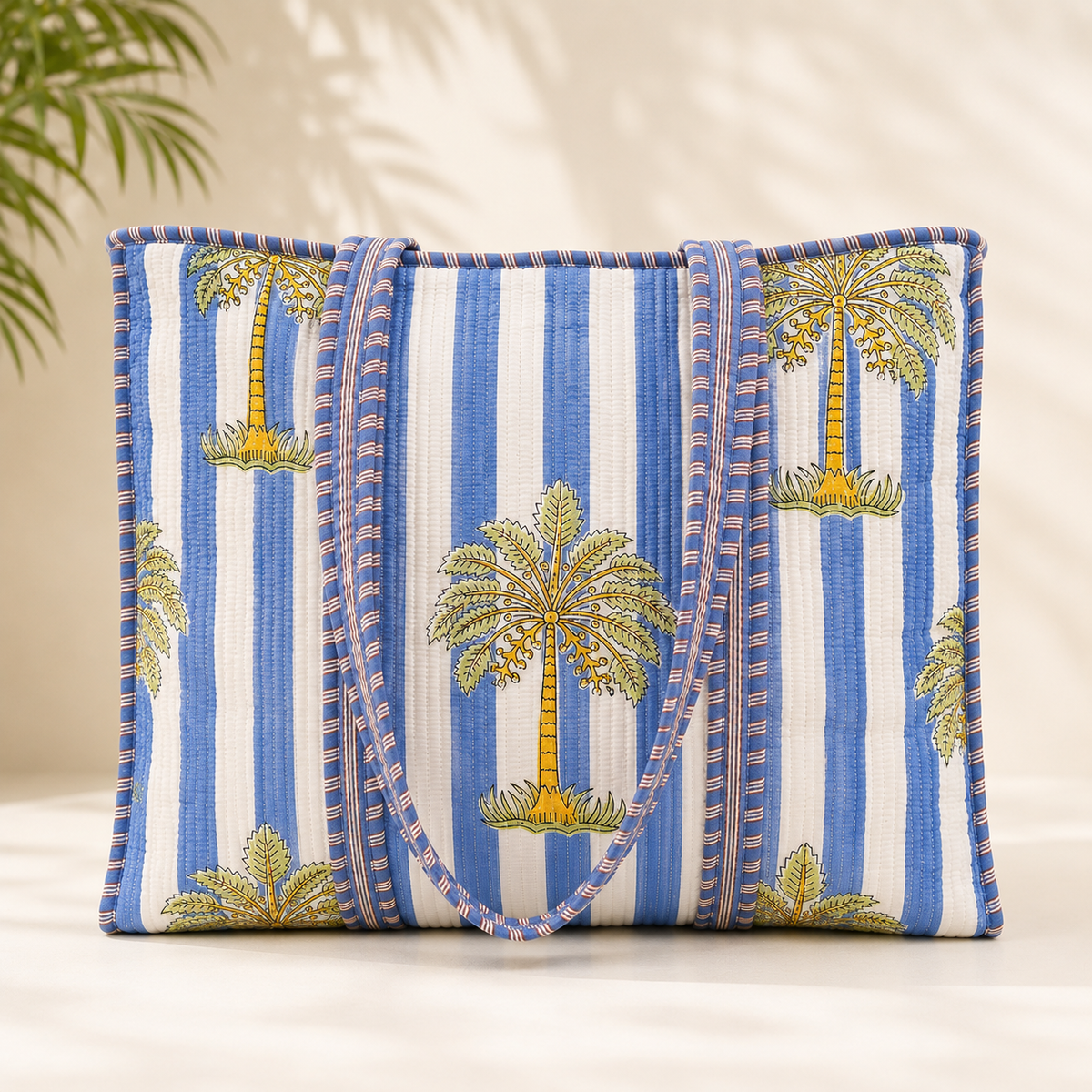 Coastal Palm Handmade Quilted Tote Bag | Blue Cotton Shopper Bag | Indian Block Print
