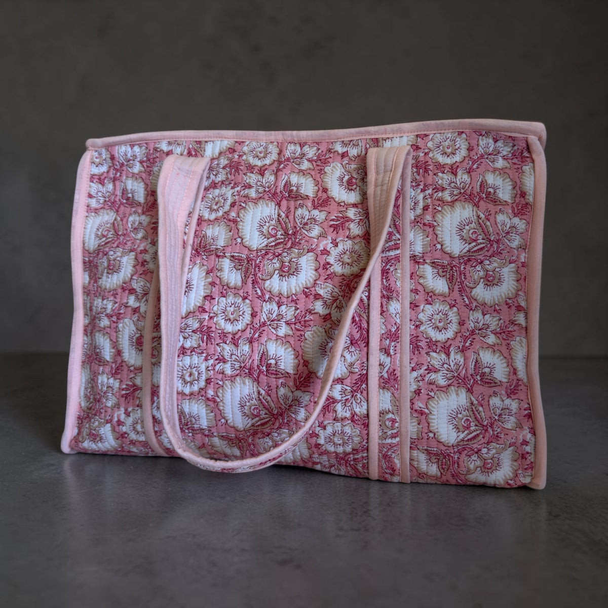 Pink Blossom Quilted Tote Bag | Floral Carryall – 16 × 18 Inches