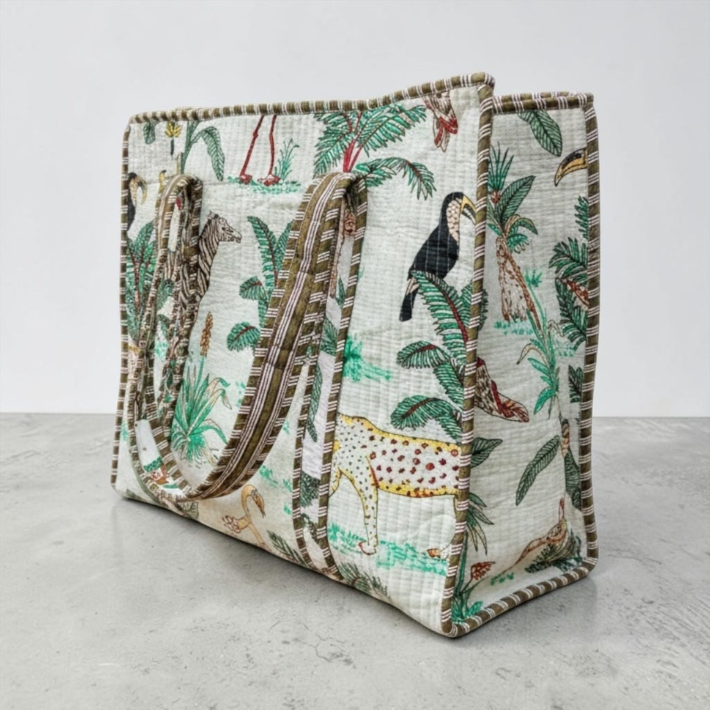 Safari Luxe Handmade Quilted Tote Bag | Large Cotton Shopper Bag - 18*18 Inches