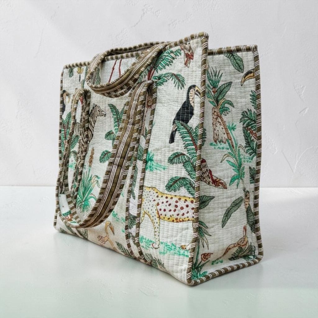 Safari Luxe Handmade Quilted Tote Bag | Large Cotton Shopper Bag - 18*18 Inches