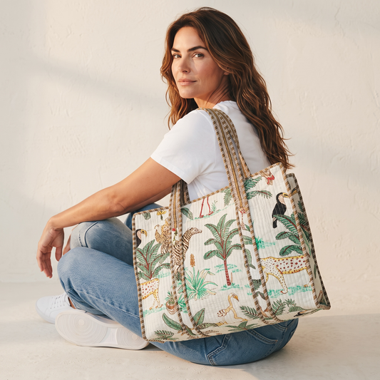 Safari Luxe Handmade Quilted Tote Bag | Large Cotton Shopper Bag - 18*18 Inches