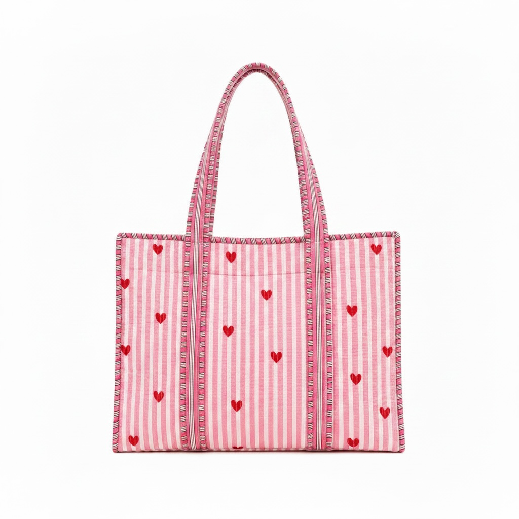 Sweetheart Handmade Quilted Tote Bag | Pink Heart Cotton Shopper Bag | Everyday Tote