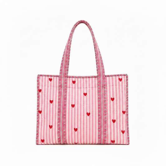 Sweetheart Handmade Quilted Tote Bag | Pink Heart Cotton Shopper Bag | Everyday Tote