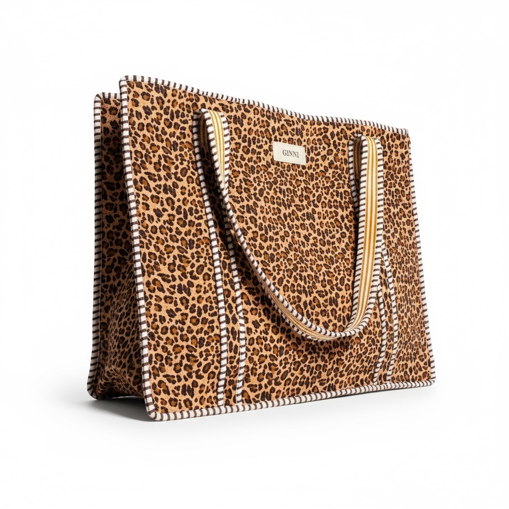 Leopard Print Compartment Tote Bag | 100% Cotton Quilted Tote