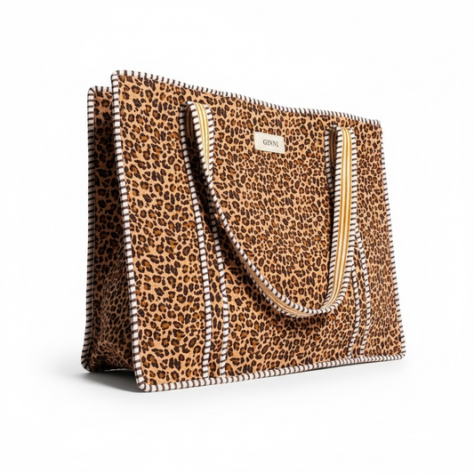 Leopard Print Compartment Tote Bag | 100% Cotton Quilted Tote