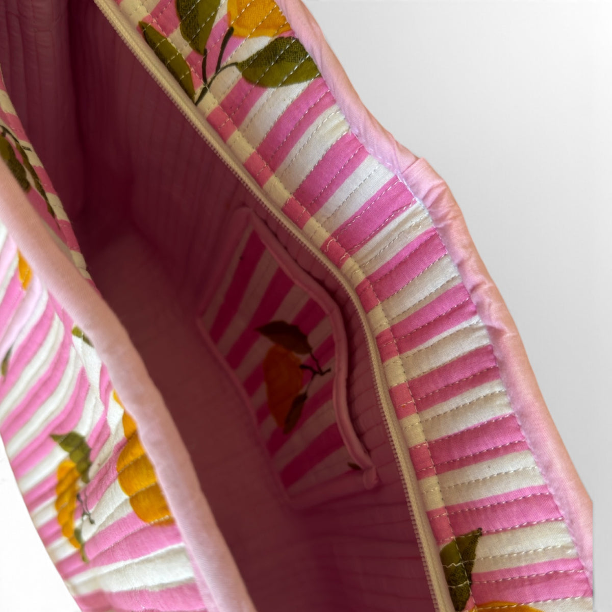 Pink Lemon Quilted Tote Bag | Striped Carryall – 16 × 18 Inches