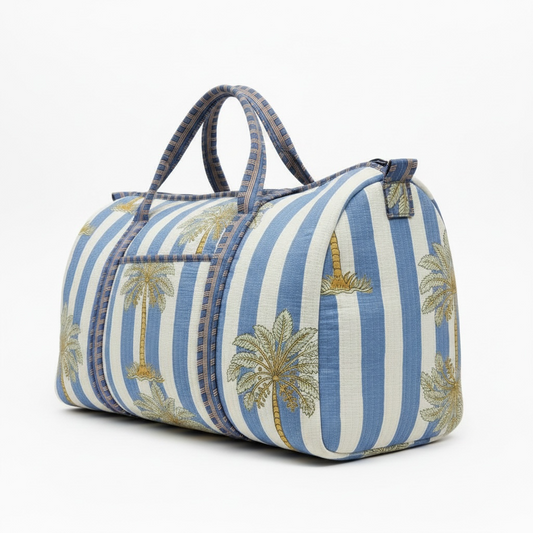 Coastal Palm Handmade Quilted Duffel Bag | Cotton Weekender Travel Bag | Indian Block Print