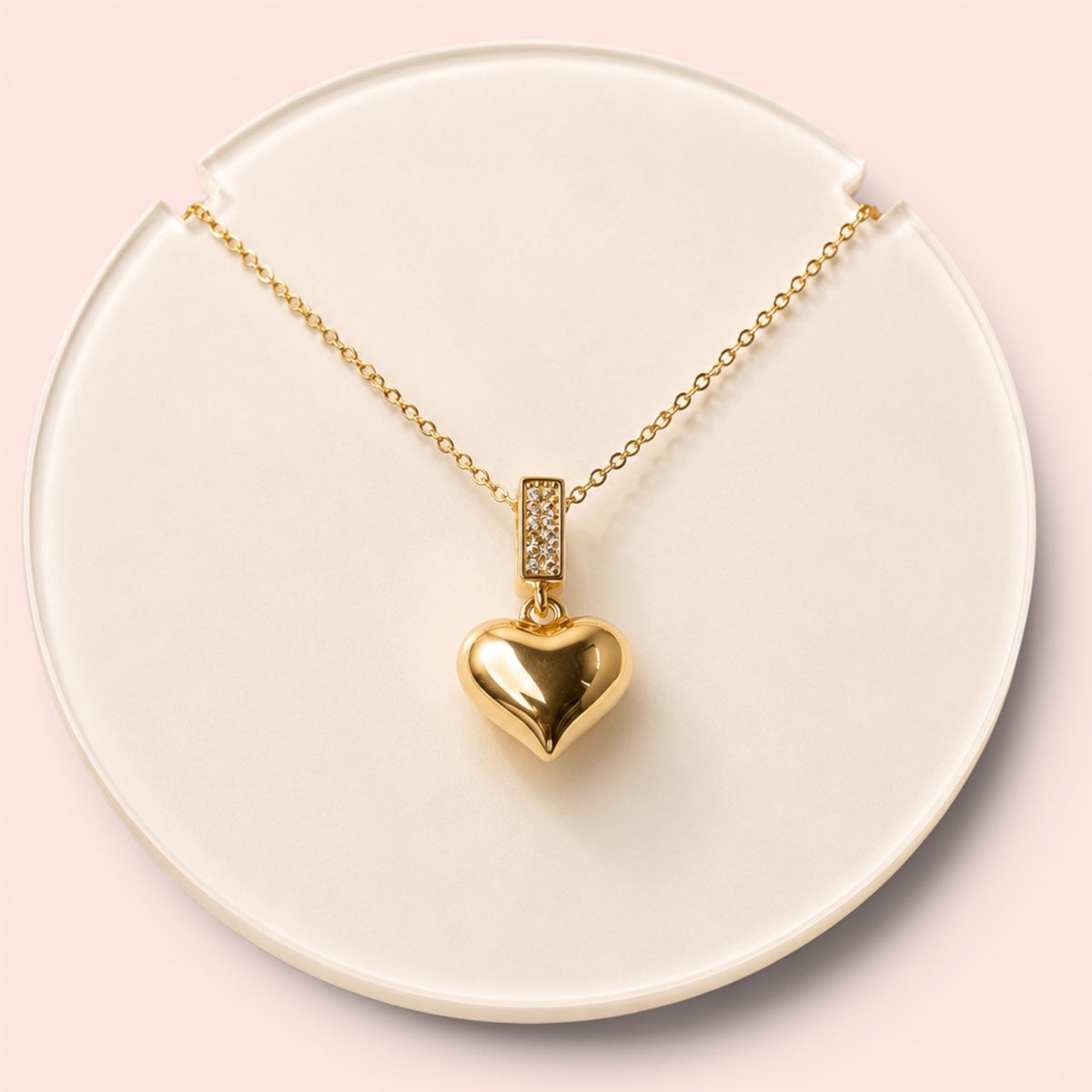 Luna Puffed Heart Necklace – Gold Crystal Charm