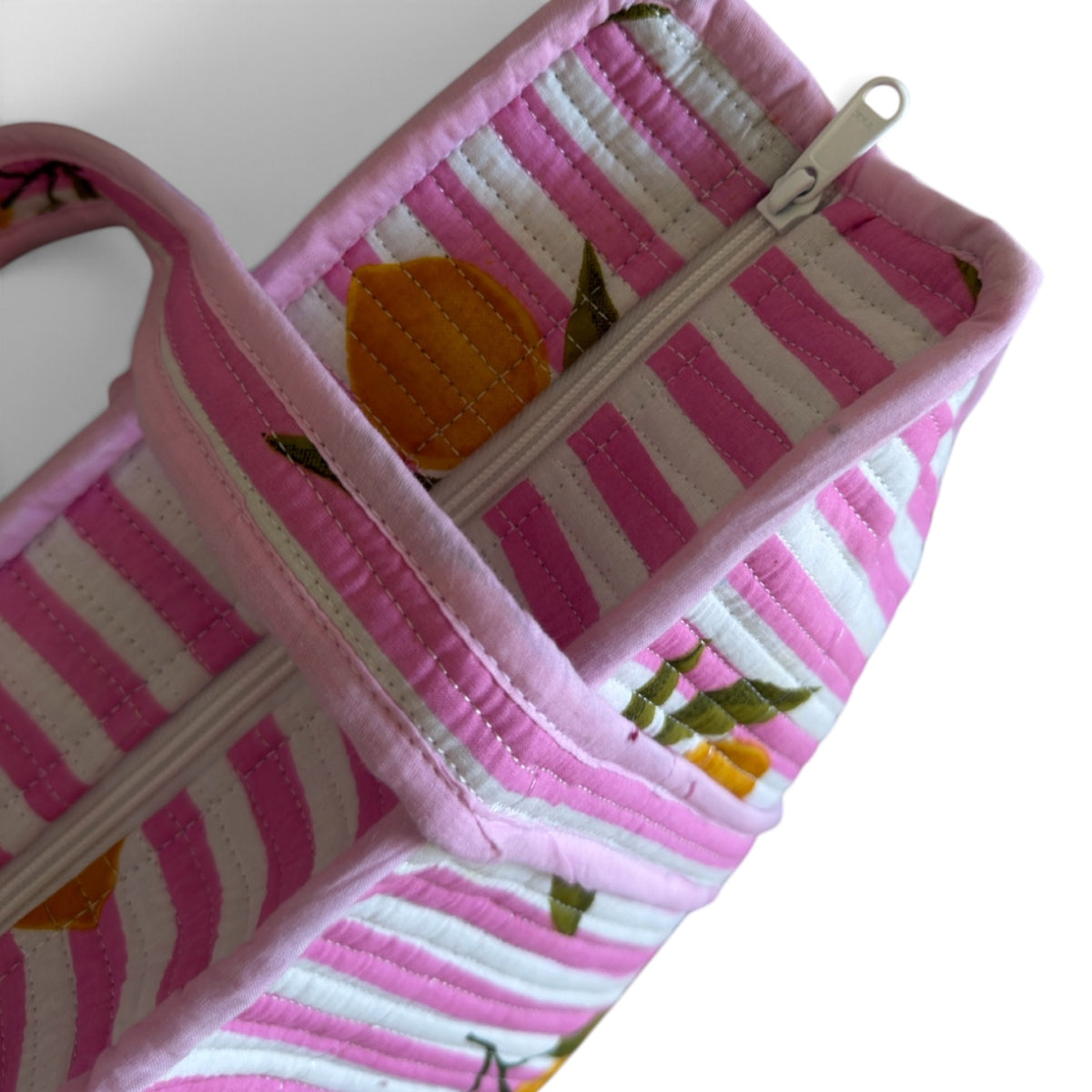 Pink Lemon Quilted Tote Bag | Striped Carryall – 16 × 18 Inches