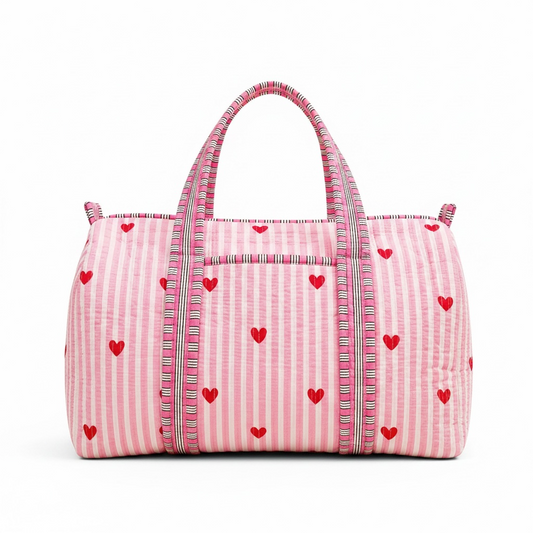 Pink Hearts Handmade Quilted Duffel Bag | Cotton Weekender Travel Bag | Indian Block Print