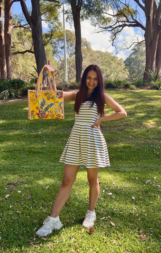 Yellow Floral Cotton Tote Bag - 12*12 inches
