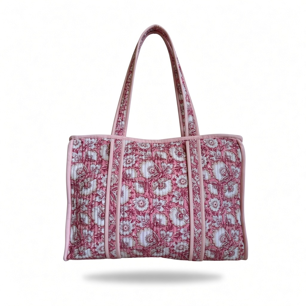 Pink Blossom Quilted Tote Bag | Floral Carryall – 16 × 18 Inches