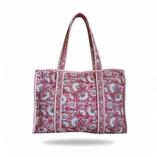 Pink Blossom Quilted Tote Bag | Floral Carryall – 16 × 18 Inches