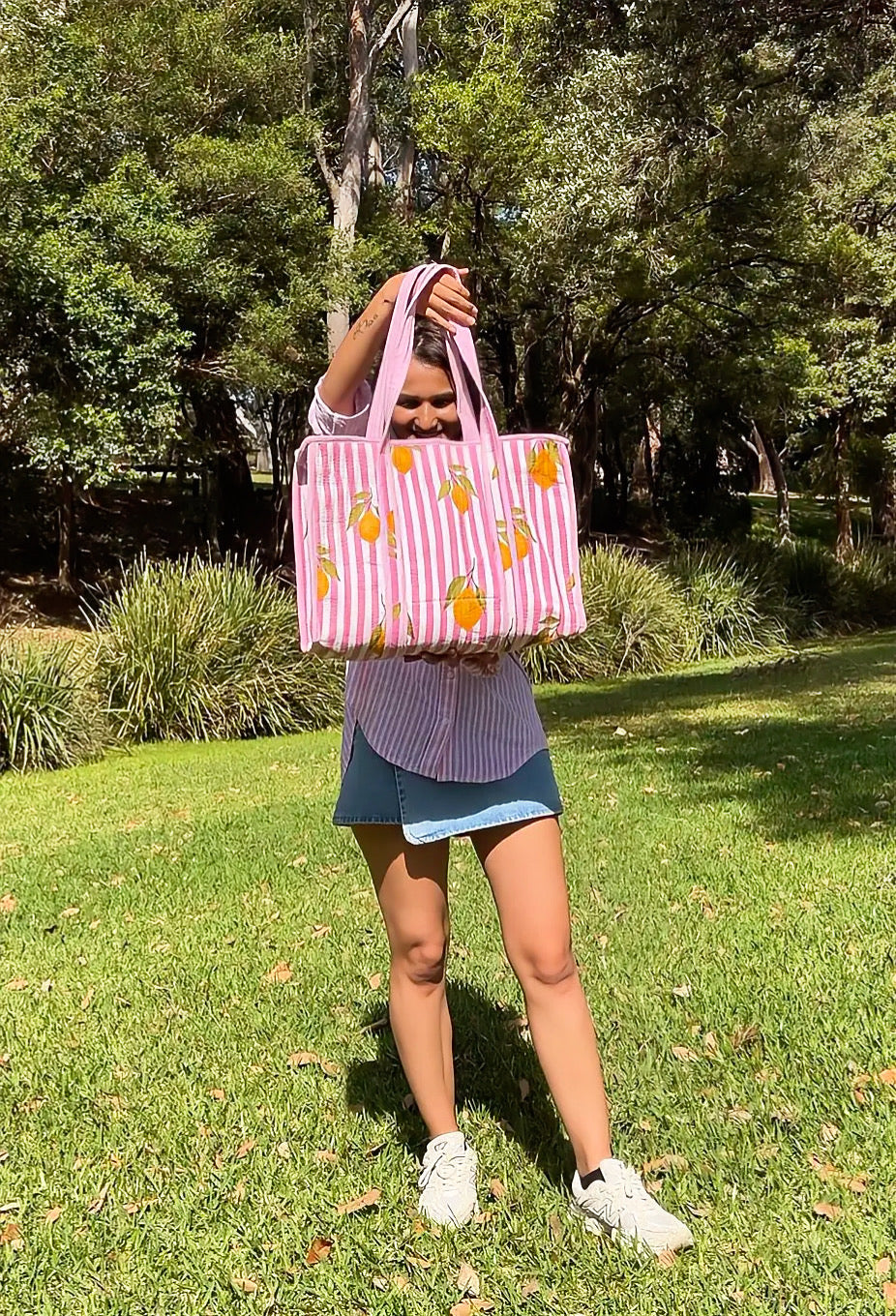 Pink Lemon Quilted Tote Bag | Striped Carryall – 16 × 18 Inches