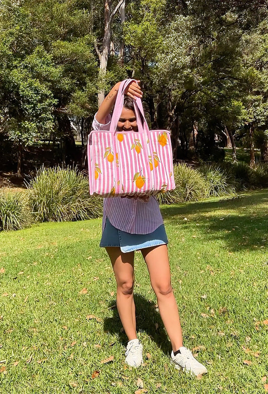 Pink Lemon Quilted Tote Bag | Striped Carryall – 16 × 18 Inches