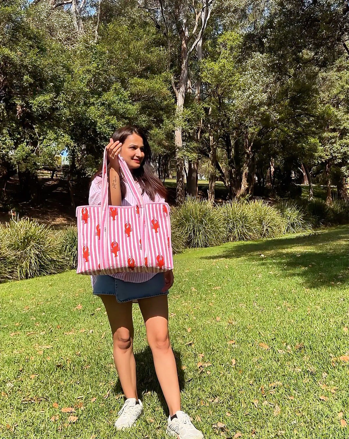Pink Lobster Quilted Tote Bag | Striped Block-Print Carryall -- 16*18 inches